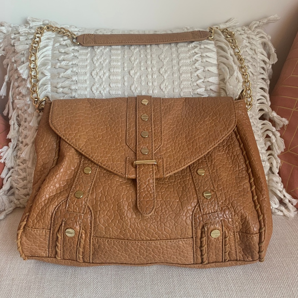 Tan and Gold Satchel/ Shoulder bag with Gold Chain